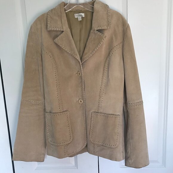 Charlotte Russe tan genuine leather jacket w/stitching, button closure lined, L - Picture 1 of 11
